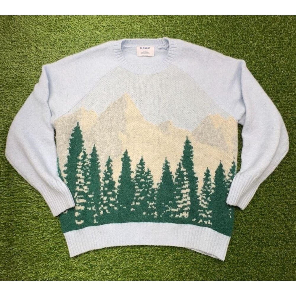 Old Navy Mountain Pine Tree Landscape Sweater Size M Blue Green